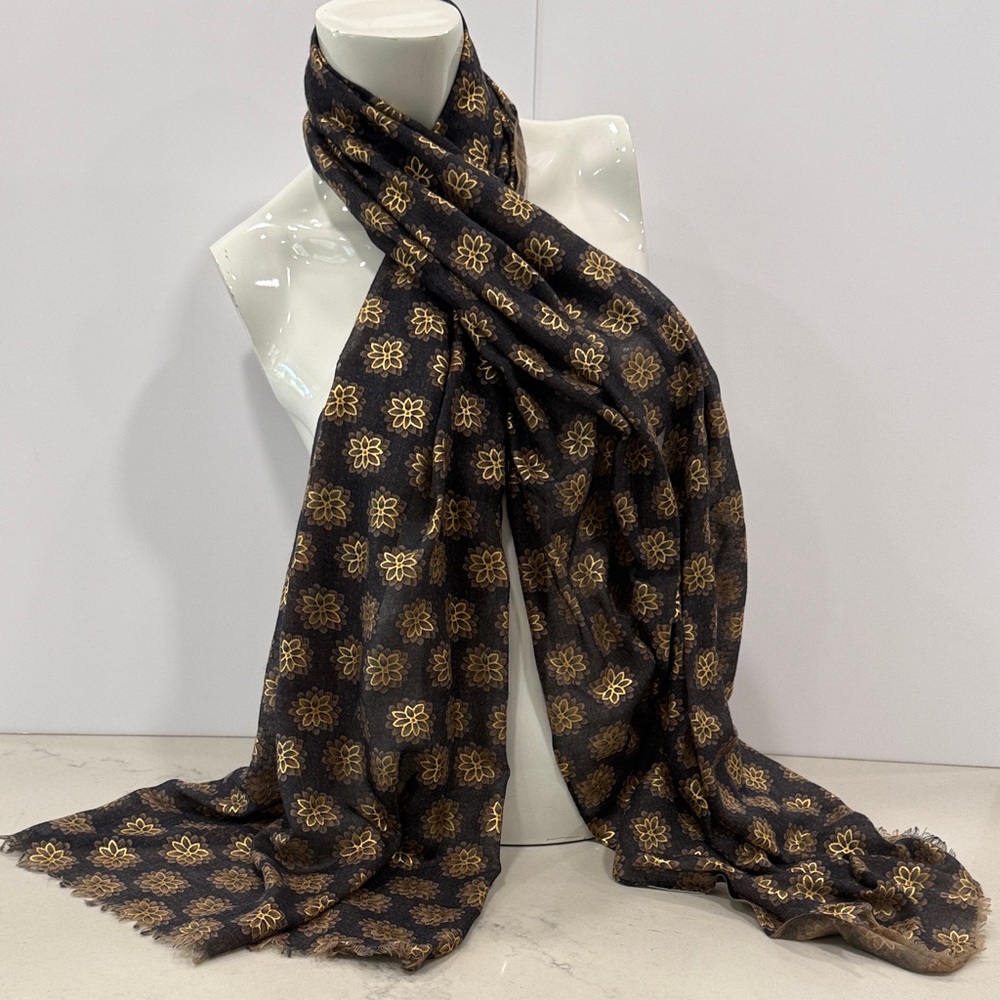 Elegant Black (dark navy) and Gold Patterned Scarf